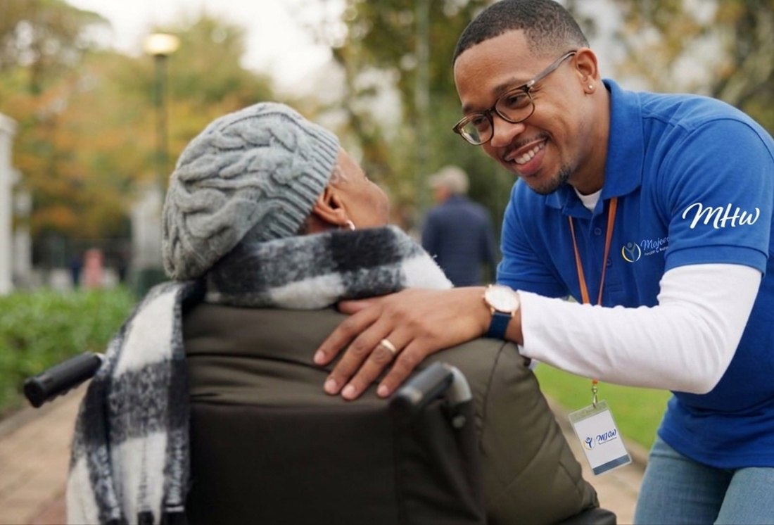 A Sim-1 Inspired Home Care Solutions caregiver greeting an older client outdoors